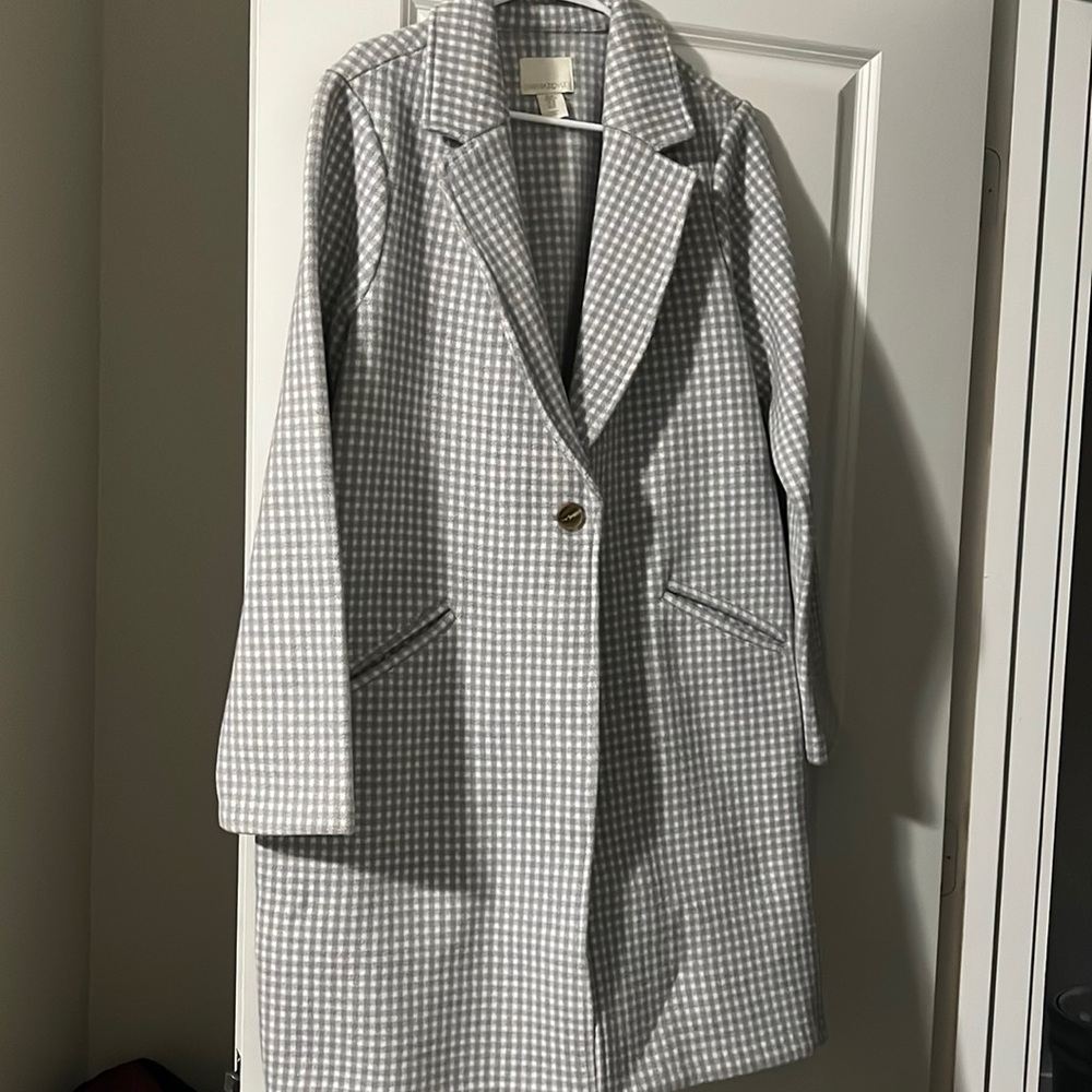 Gray and white pea coat